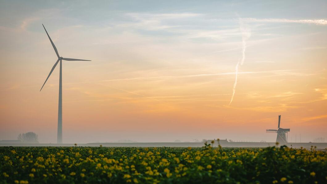 windmoelen in een mistig landschap