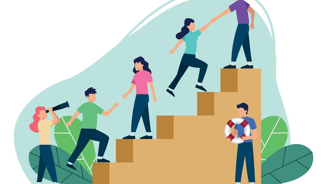 illustratie van mensen die elkaar een trap ophelpen