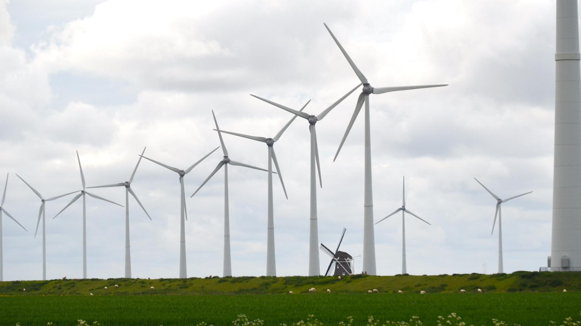 Windmolens op een rij met een oude molen